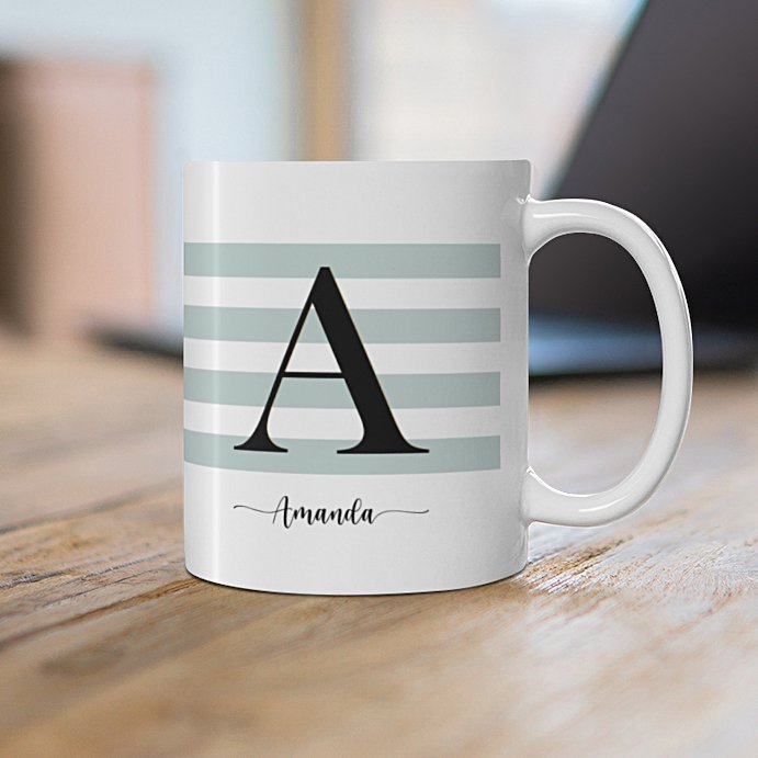 Personalised-Initial-Mug green stripes