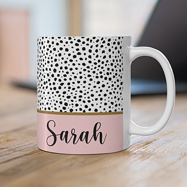 Personalised-polkadot-mug-pink-office