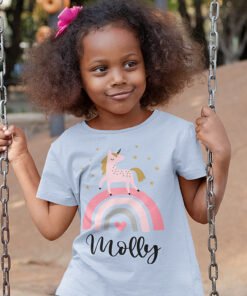 Girl-wearing-Custom-Unicorn-T-shirt-blue