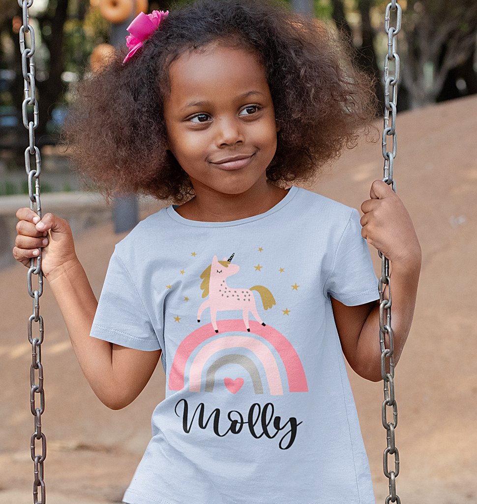 Girl-wearing-Custom-Unicorn-T-shirt-blue