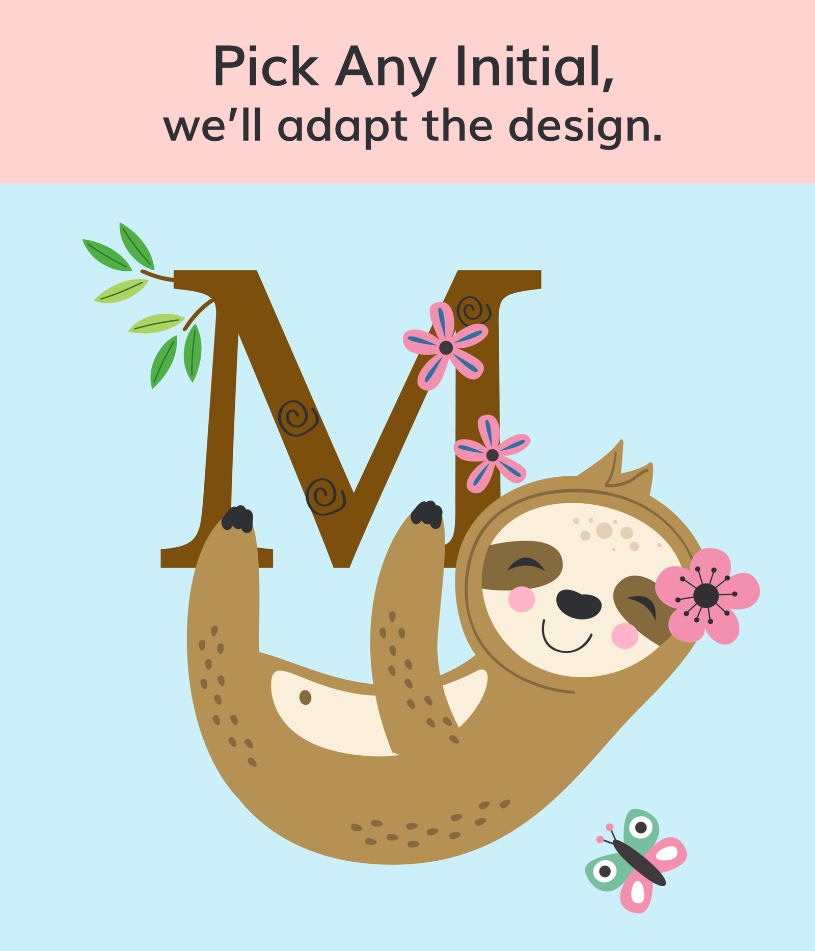 Sloth hanging from initial