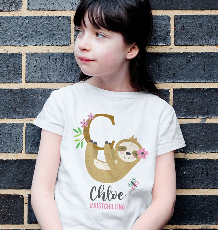 girl-wearing-Petrsonalised-sloth-t-shirt-white