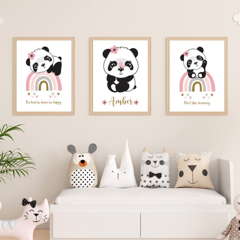 Personalised panda 3 art prints set