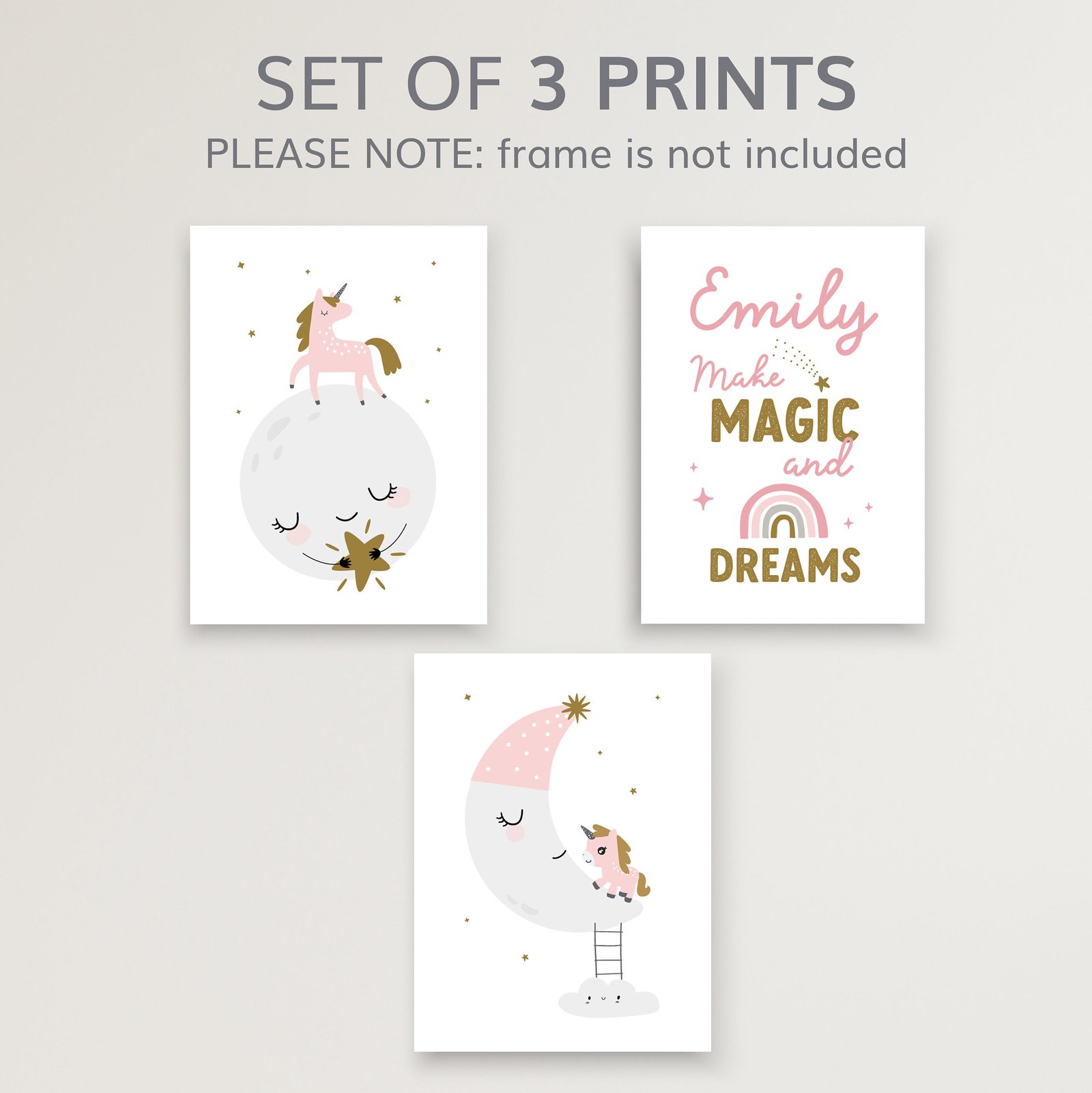 set of 3 unicorn prints for girls