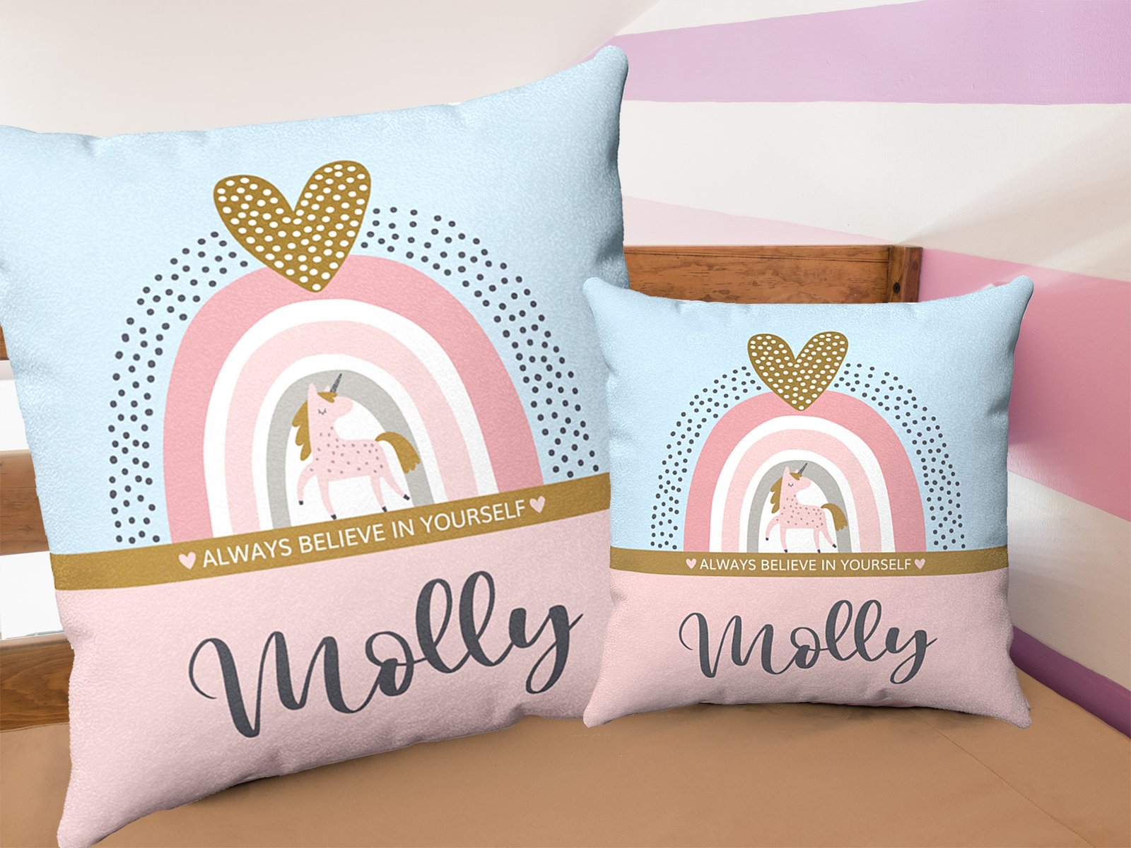 Personalised rainbow cushion